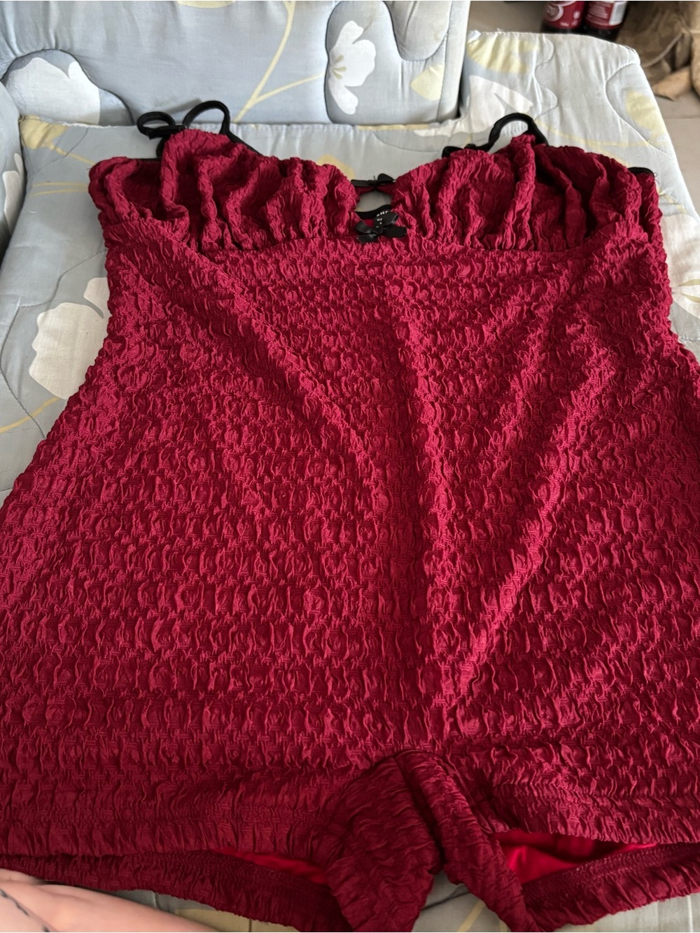 SHEIN Red Smocked Romper with Ruffle Neckline